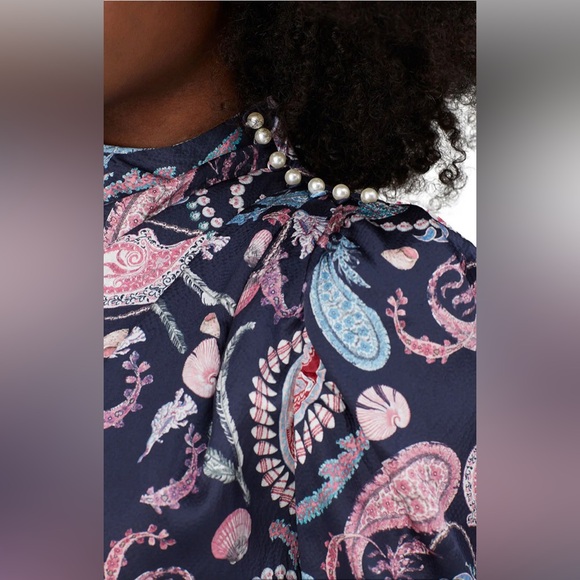 Thurley Crown Of Thornes Silk Blouse Paisley Pearl Beads Lavender Baby Blue US10 - Picture 4 of 14